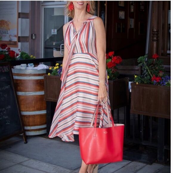 NWT FOXIEDOX Multi Color Metallic Striped Tie-neck Fit & Flare Dress Sz S - Picture 10 of 10